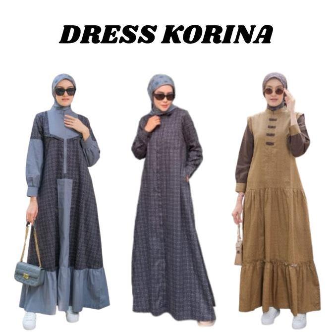 Korina Dress Terbaru Bahan Katun Gamis Motif Printing Dewasa Muslim Wanita Cantik Formal