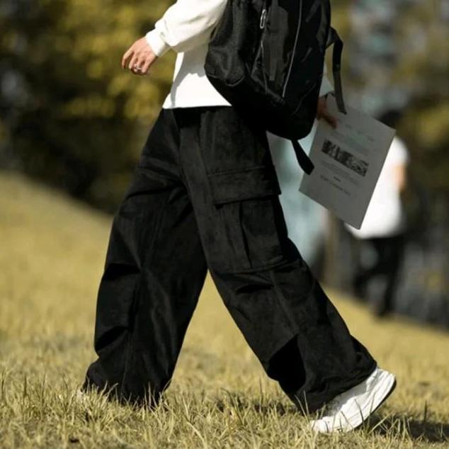 DB257 - Celana Pria Cargo Pants Hitam Corduroy Panjang Terlaris