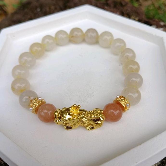 Gelang Pixiu Naga Emas mix Gold Rutile & Sunstone - Golden Flow Series - Limited Editition Premium Q