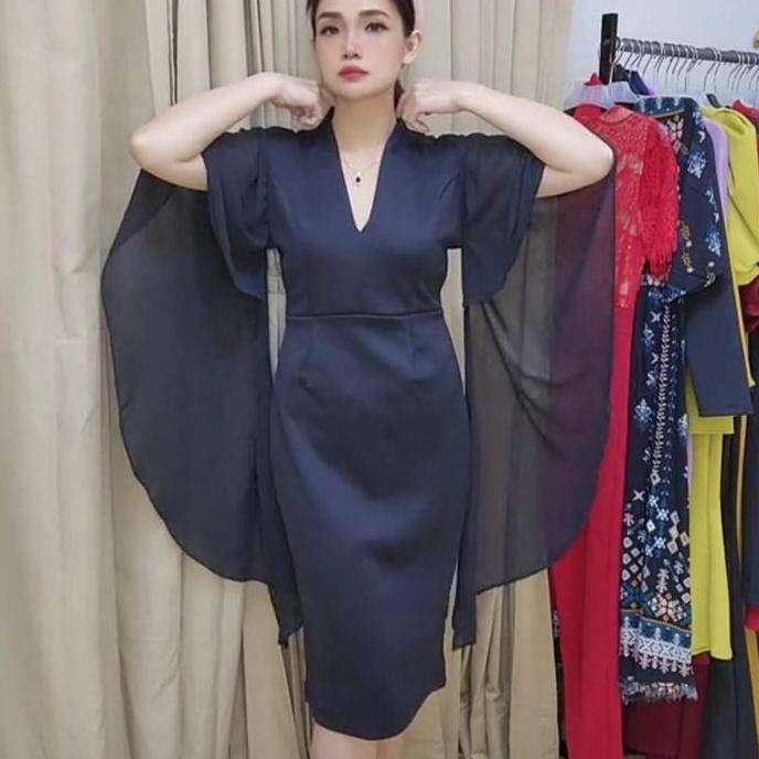 Mbgx- Loowear Midi Dress Bodycon Pesta Kondangan Bangkok Span Pendek Lengan Tile Premium Kekinian