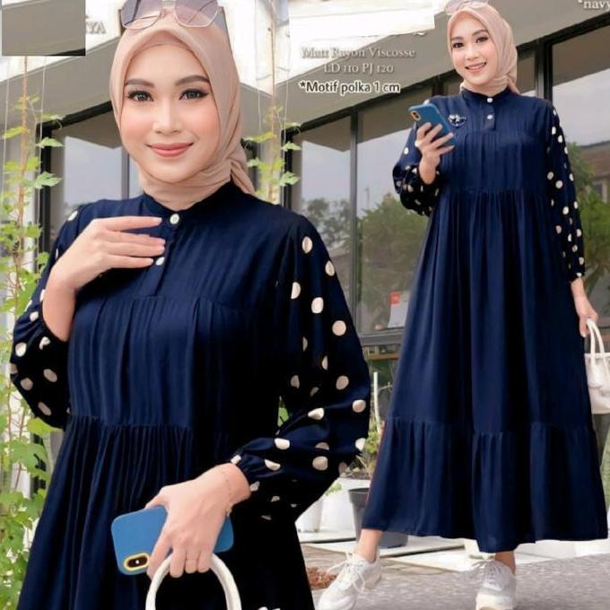 Terlaris Gamis Muslimah Motif Polkadot Bahan Rayon Premium / Gamis Lebaran Kekinian