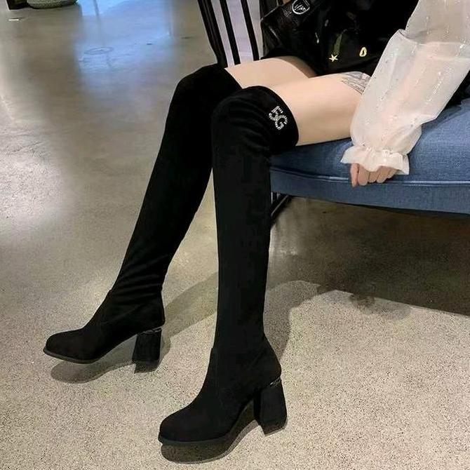 Promo !!! Sepatu Winter Boots Heels Chunky Hitam Panjang Atas Lutut Wanita Ala Korea B26