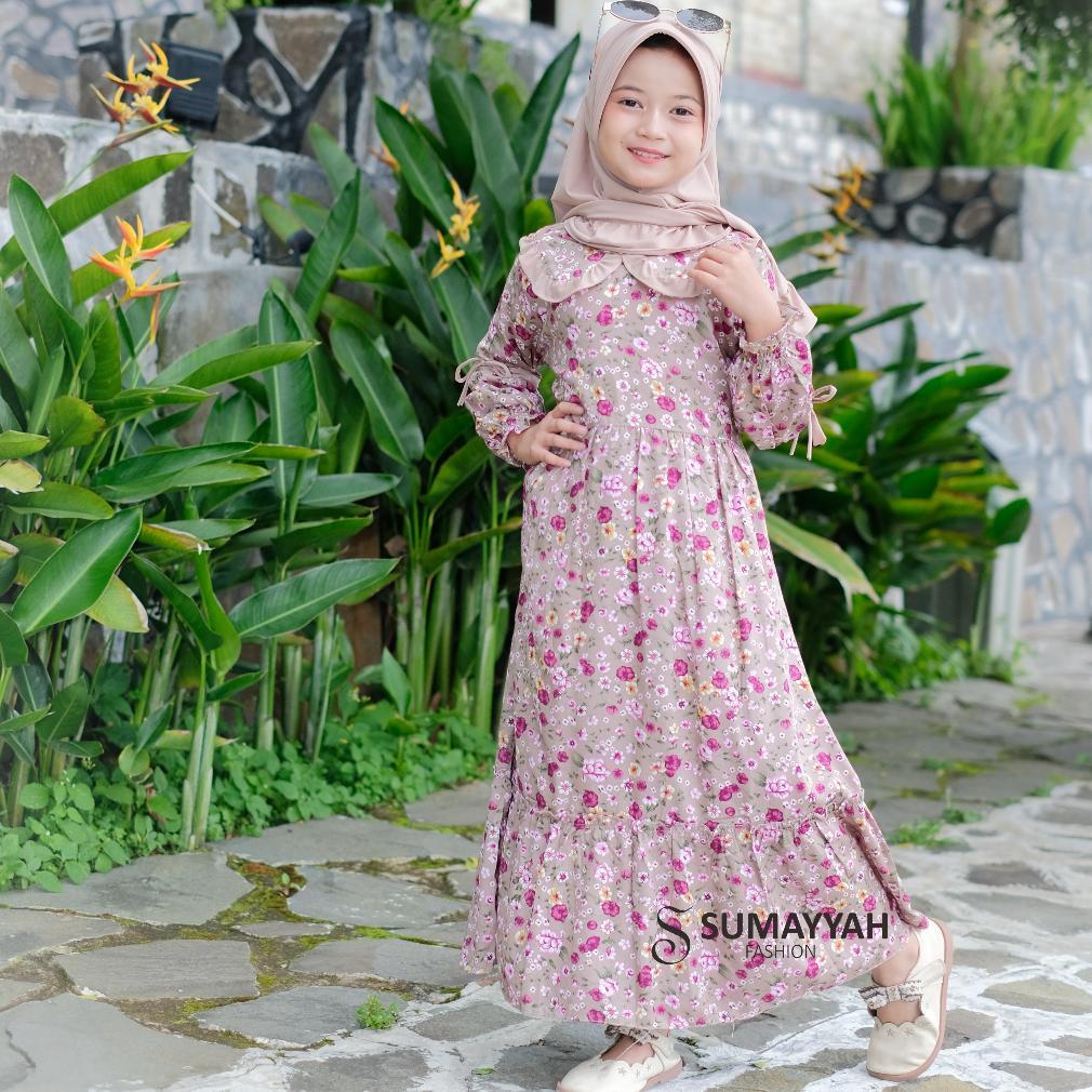 Garansi Sumayyah - Gamis Rayon Anak Motif Bunga Set Jilbab Jersey Baju Muslim Perempuan Usia 3-10 Ta