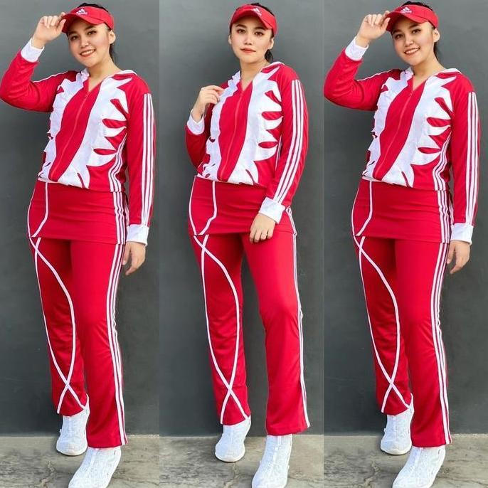 Setelan Baju Senam Lapangan Cakar Merah list putih Zumba Aerobik Hijab Cycling Fitness Olahraga Musl