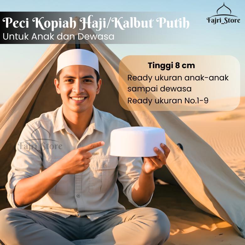 PROMO Kopiah Haji / Peci Batok / Peci Putih / Peci Kalbut Putih Tinggi 8 cm
