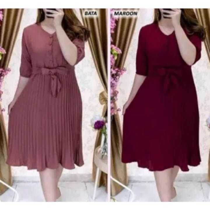 recommended (murah) dress midi wanita terbaru / dress plisket cotton premium combi / dress korea