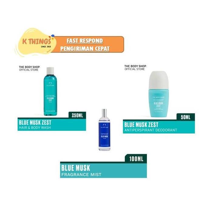 Grosir The Body Shop Blue Musk Zest Series Hair & Body Wash 250Ml Deodorant 50Ml Body Mist 100Ml Aro