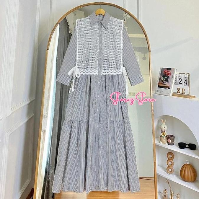 Kania S M L XL XXL Gamis Dress Katun Salur Mix Vest Brokat Wanita Remaja Kekinian Jumbo Ld 120 - 92 