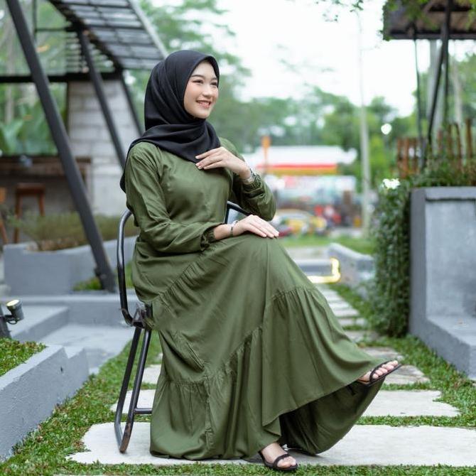 GAMIS LONG DRESS Muslim Wanita Cantik Kain  RAYON Twill PREMIUM Tebal TERBARU lengan Karet Kerah bul