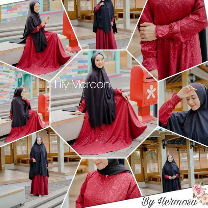 [Gamis hermosa] Gamis hermosa embos motif bunga lily warna marun-gamis syari marun premium umbrella 