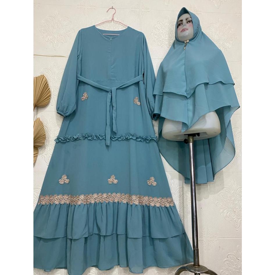 NEW PROMO Gamis Syari Ceruty Renda / Gamis Terbaru Mix Renda Bunga Cantik / Gamis Ceruty Babydoll