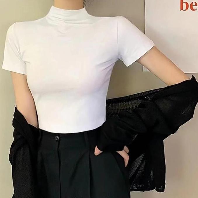Bisakok- Inner Turtleneck Baru 2023 Kaus Wanita Lengan Pendek Blus Pakaian Dalam Fashion Berkualitas