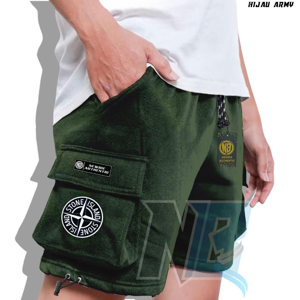 original newgo authentic celana cargo pendek bahan fleece premium warna hijau army motif stone islan