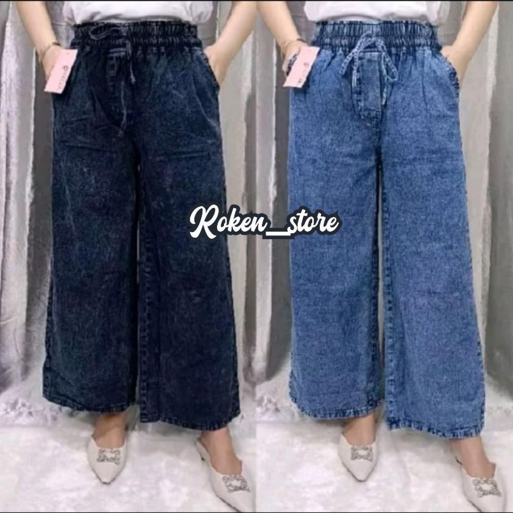original kulot jeans wanita jumbo pinggang karet denim
