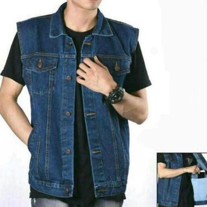 DV308 >> Jaket Rompi Jeans Polos Santai hitam pria tebal