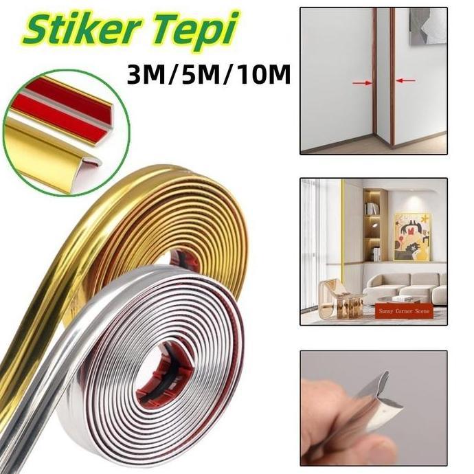 Stiker Tepi List Plat Strip Mirror Hairline Gold Panjang 10 M List Wallpaper Sticker Emas Stiker Dek