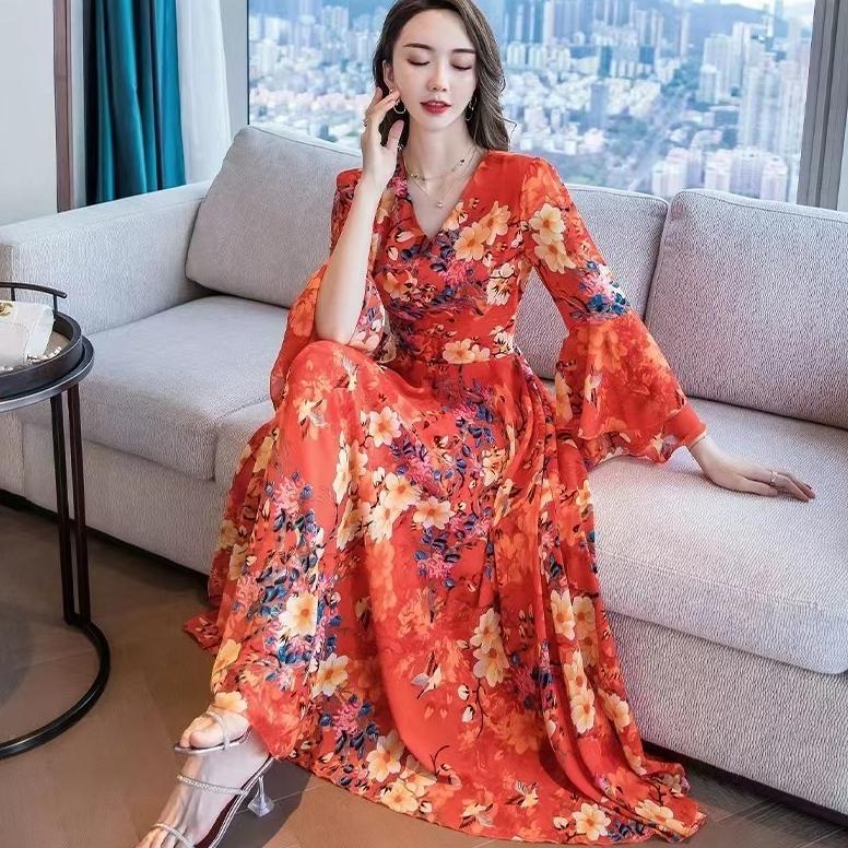 8042 - Gaun pantai gaya bohemian Dress chiffon korean style dress V-neck sifon motif bunga dress mer