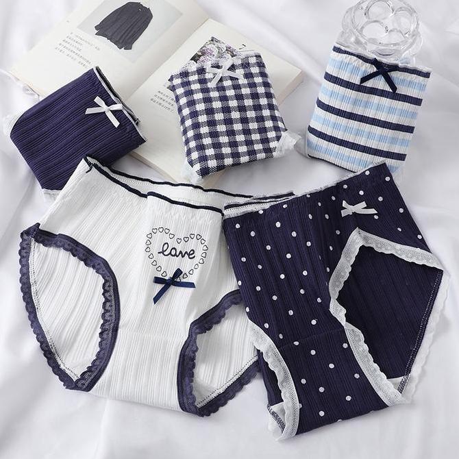 PEACHIE | CD2145 CD Celana Dalam Navy Motif Pita Fashion Polos Wanita Cewek Lucu Putih