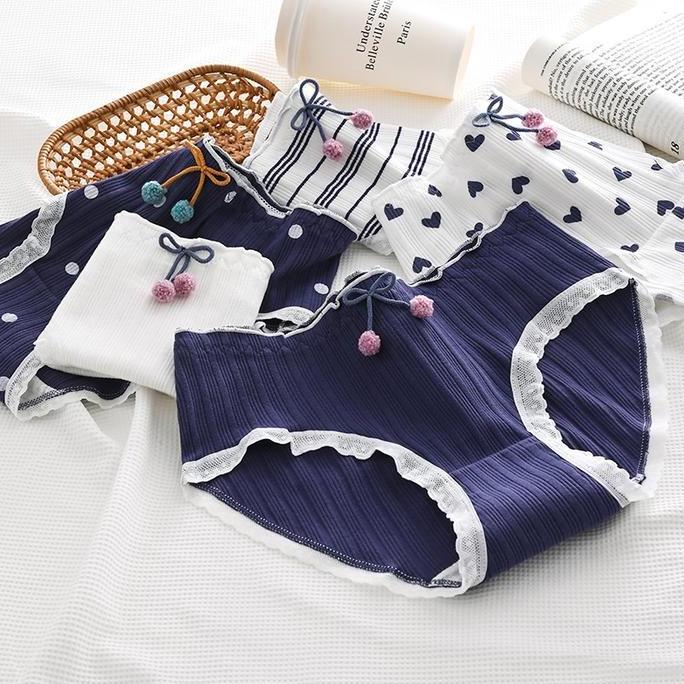 Misso Kode CD2146 CD Celana Dalam Wanita Katun Adem Motif Pita Lucu Navy Putih