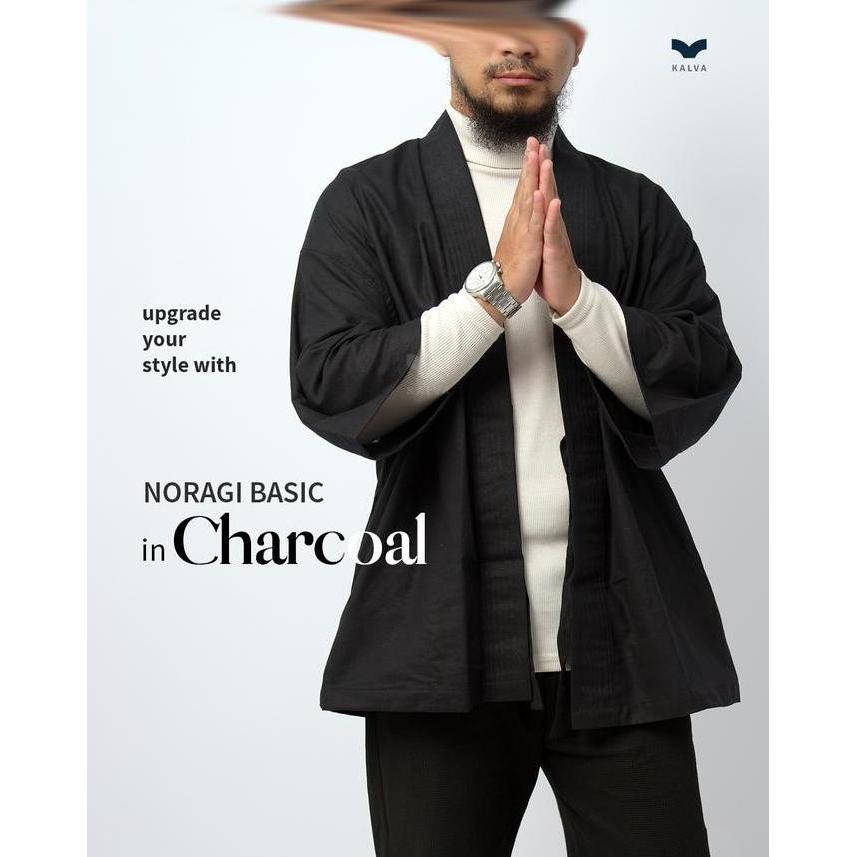 Outer Pria Kimono Noragi Hitam Kalva Basic Series Black Charcoal | Jaket Kimono Casual BS