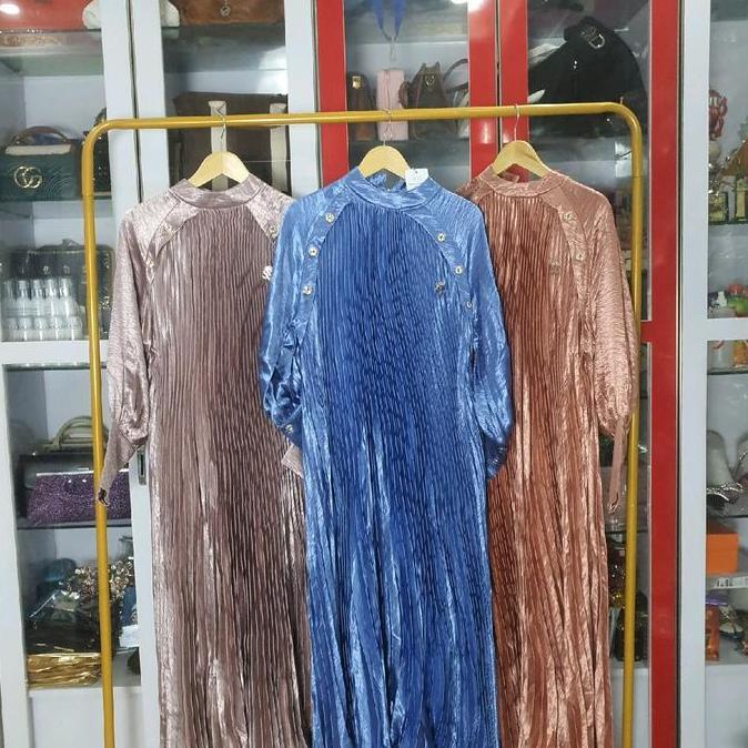 Gamis  denim mauve coklat premium plisket impor shella shaukia orygnal Muslim