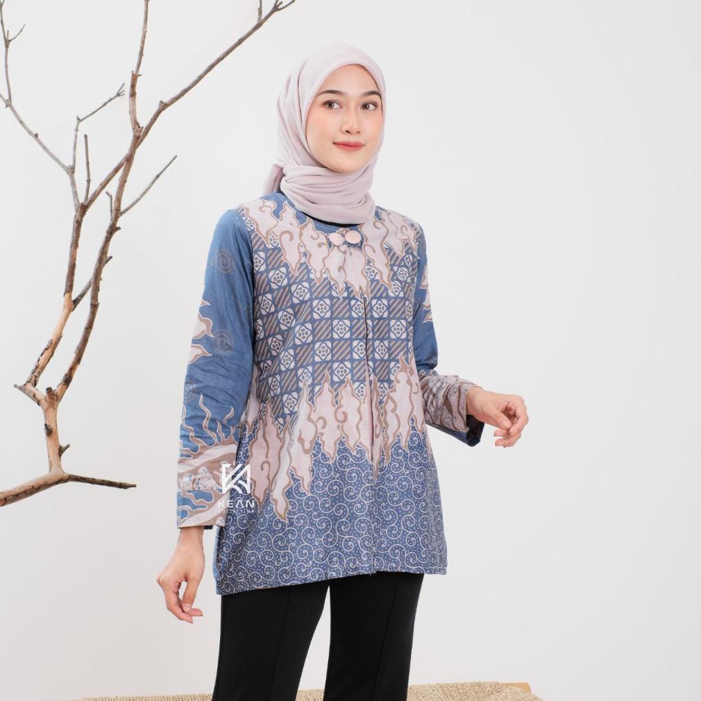 Exclusive Kean Batik Wanita Modern Lengan Panjang Motif Saroja Series Jumputan Solo Atasan Tradision