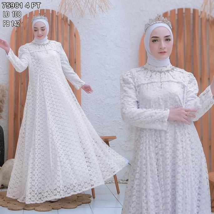 Gamis Brokat Tile Mutiara Motif Daun 75981 Baju Muslim Panjang Vima Mewah