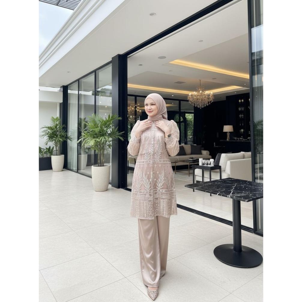 TERBARU GYO PREMIUM INNER OUTER BURGUNDY SETELAN WANITA SAKURA ONE SET MOTIF TILE BROKAT TUNIK PESTA