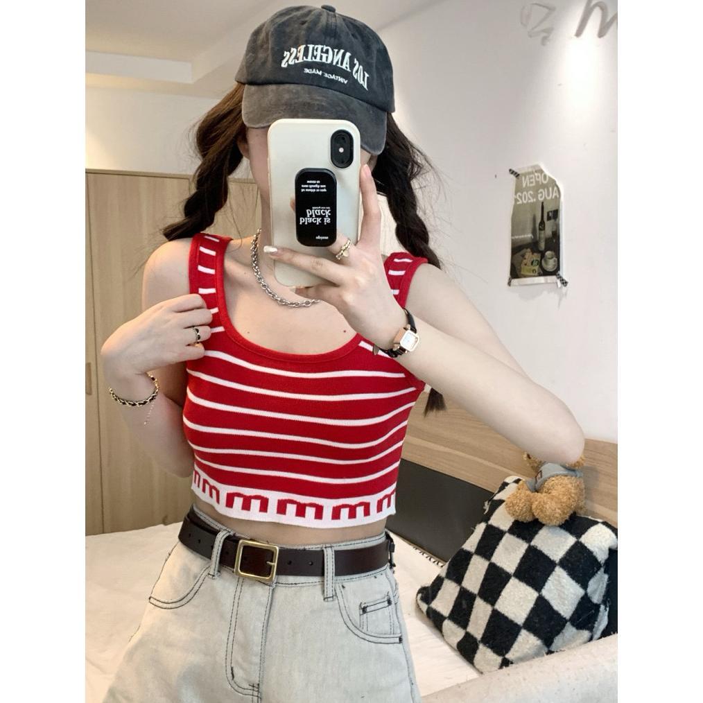 Tanktop Crop Top Rajut - Tanktop Crop Wanita Stripe Import - Tank top Motif Garis-Garis Import TR430