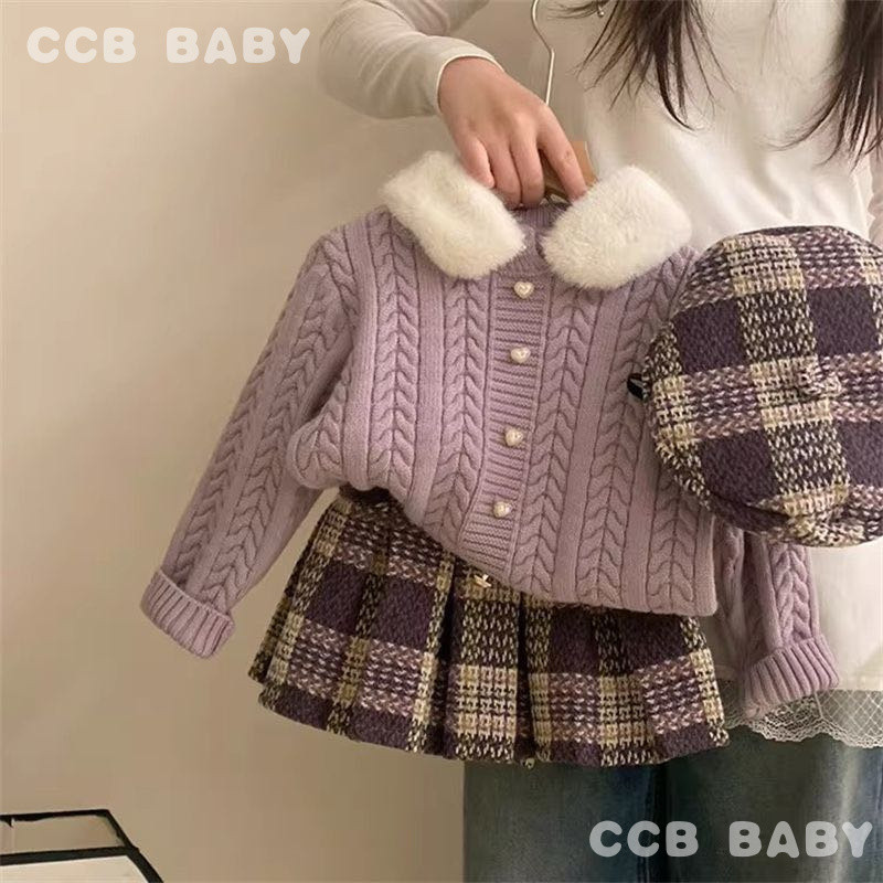 [CCB BABY] Set Atasan Rajut Berkerah Bulu Ungu Fashion Manis Anak Perempuan + Rok Plisket Kotak-kota
