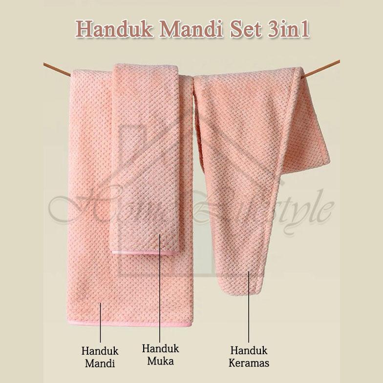HANDUK SET 3 IN 1 / HANDUK MANDI / HANDUK MUKA / HANDUK KERAMAS / HANDUK MICROFIBER SET 3 PCS JRW016