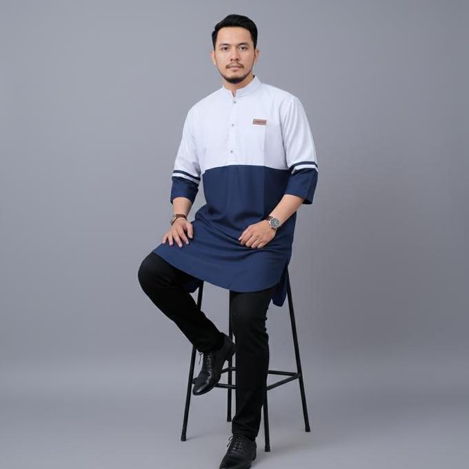 Baju Koko Pakistan - Kurta Lengan 3/4 Oblong KombinasiPria Koko KancingWarna Toyobo
