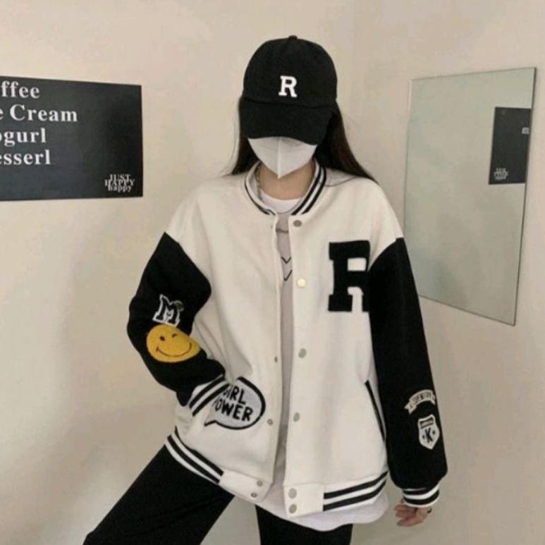 DISKON JAKET VARSITY R SMILE GIRL POWER BASEBALL