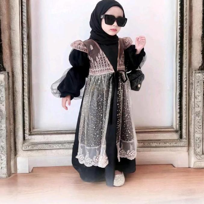Gamis Set Jilbab Dress Pesta Kondangan Lebaran Anak Perempuan 2025 Umur 5-8 Tahun Brokat Brown Musli