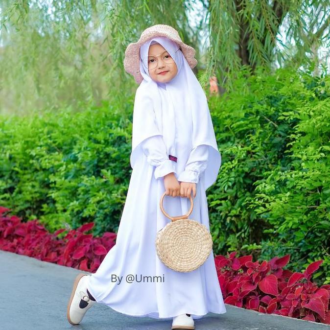 Gamis Ummi Polos anak perempuan syar'i set hijab warna putih