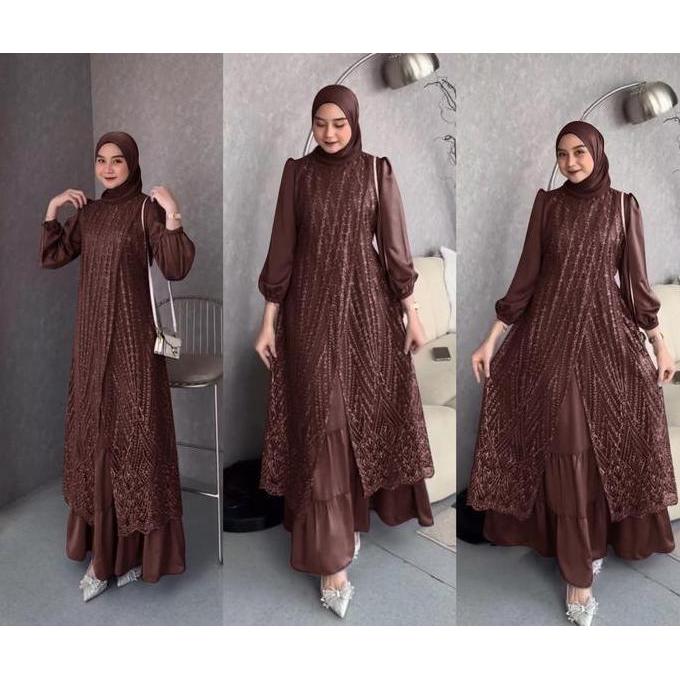 OLIVIA DRESS (M-XXXL) DRESS SATIN GAMIS TERLARIS GAMIS MUSLIM BROKAT GAMIS PESTA GAMIS KEKINIAN