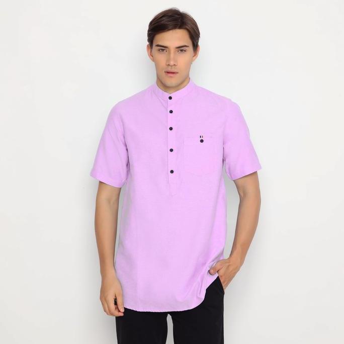 [NAFAZOL] Pakaian Pria Kurta Lengan Pendek Kurta Pria Atasan Pria Warna Lilac Polos Katun 3135