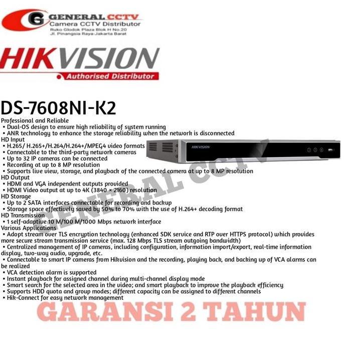 Grosir Nvr Hikvision 8 Channel 7608Ni-K2 4K Nvr Non Poe Original Hikvision