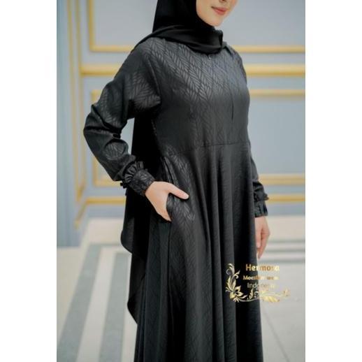 [Gamis Hermosa] Gamis embos hermosa motif padi warna hitam-Gamis hitam murah/gamis hermosa hitam mot