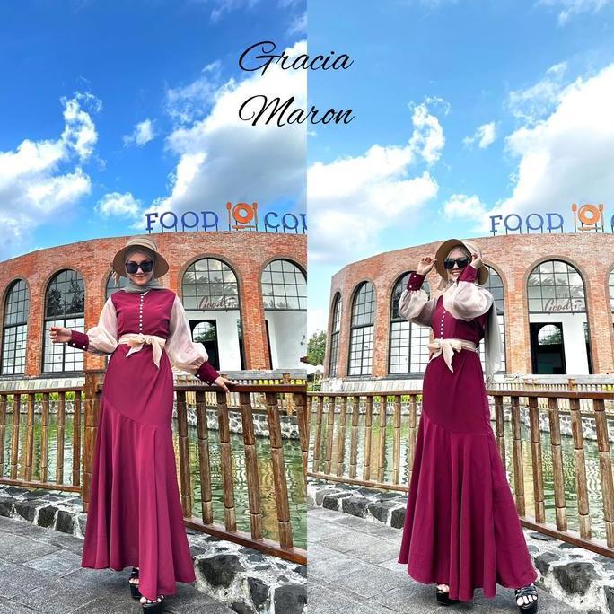 Gracia Dress Royal Crincle Mix Organza Gamis Wanita All Size Free Tali Ori Arraffa Syari