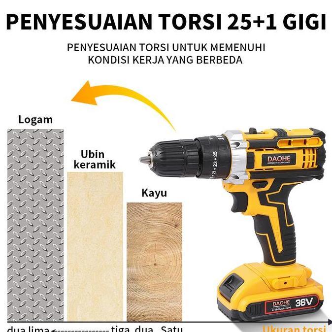Powerx- Daohe Mesin Bor Baterai 36Vf 25+3 Cordless Impact Lengkap 2 Baterai Fullset Koper 35Nm 10Mm 