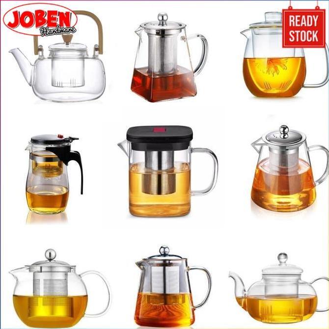 Teko Teh Kaca Borosilikat Tahan Panas Untuk Teh Ukuran Besar Kecil Infuser Bening Set Teh Ceret Kaca