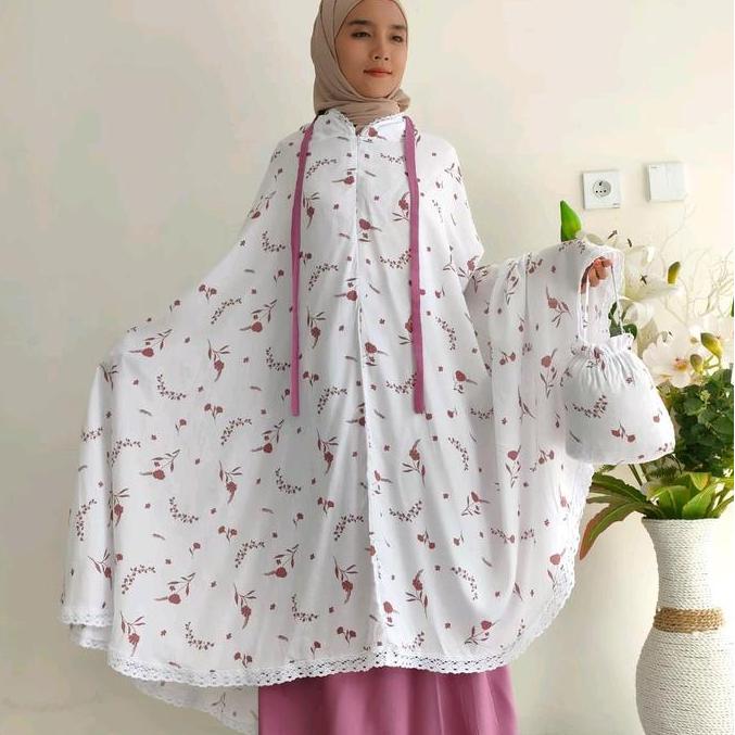 Mukena Rayon Putih Motip Model Resleting Dagu ( 2 in 1 ) Free Tas Cantik