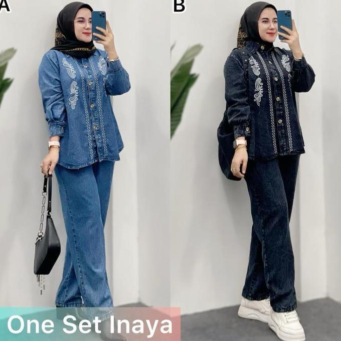 SETELAN JEANS WANITA PREMIUM OOTD HIJAB JEANS PREMIUM ONESET JEANS BORDIR