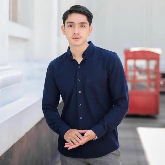 ALJOSA Kemeja Pria Polos Navy Biru Dongker Lengan Panjang Kerja kantor Slimfit Baju Cowok Hem Distro