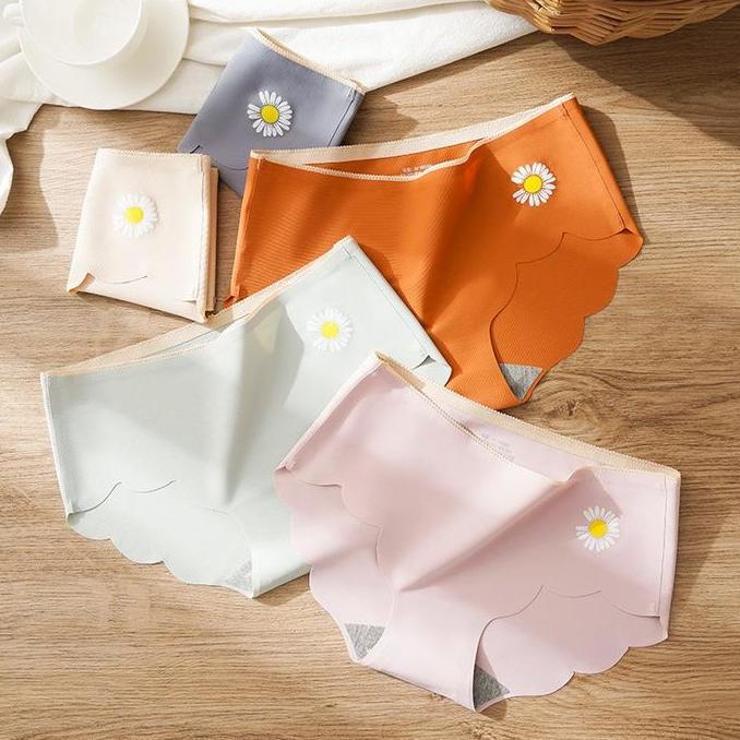 PW063 Celana Dalam Seamless Wanita Motif Bunga Daisy CD Ice Silk Lembut Import Murah Spandex Pendek 