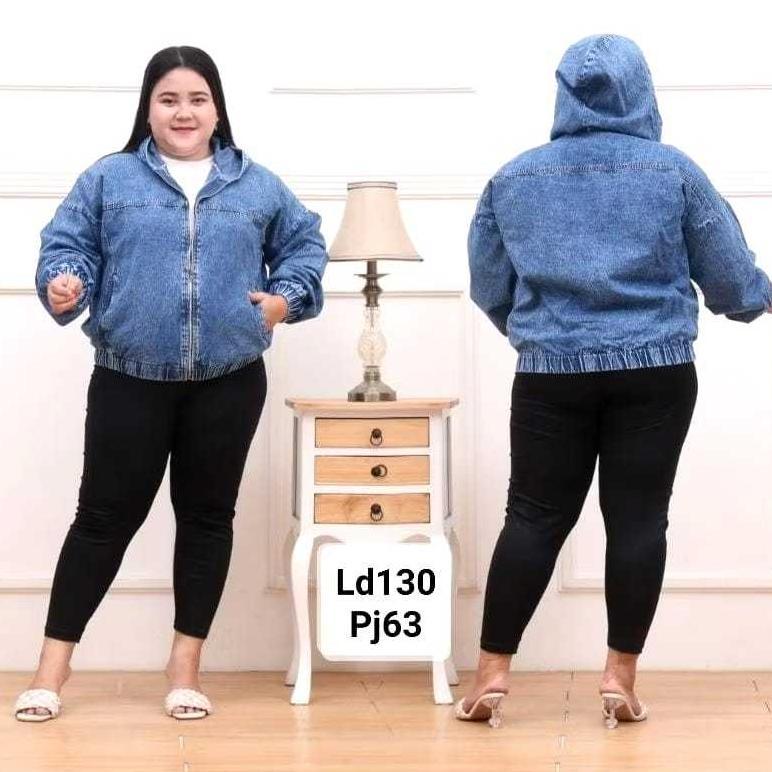 murah jaket jeans hoodie sleting jaket zipper ld-130 super jumbo xxxl- jaket jeans wanita jumbo terl