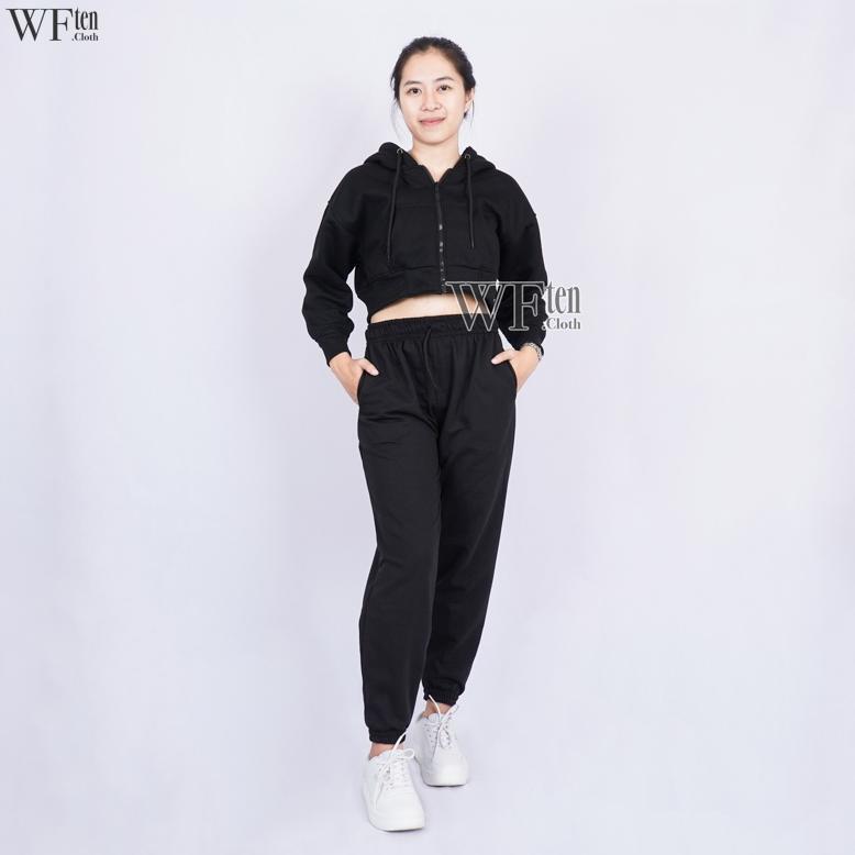 New One Set Hoodie Zipper Crop + Celana Jogger Panjang Sweatpants One Set Korea