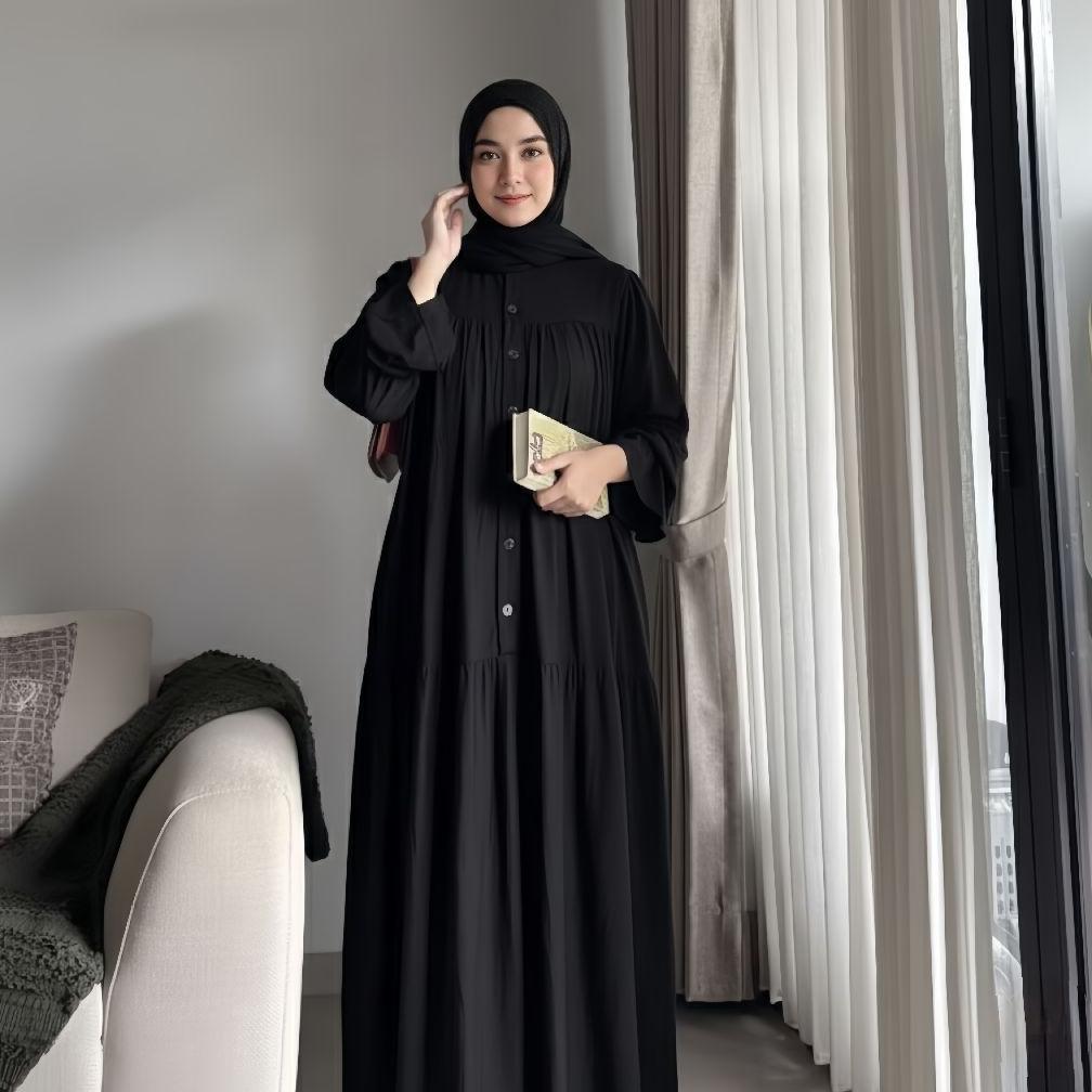 Hot Deals Nagita Dress Gamis Rayon Twill - Gamis Lebaran Model Lengan Balon Kancing Depan Busui Frie