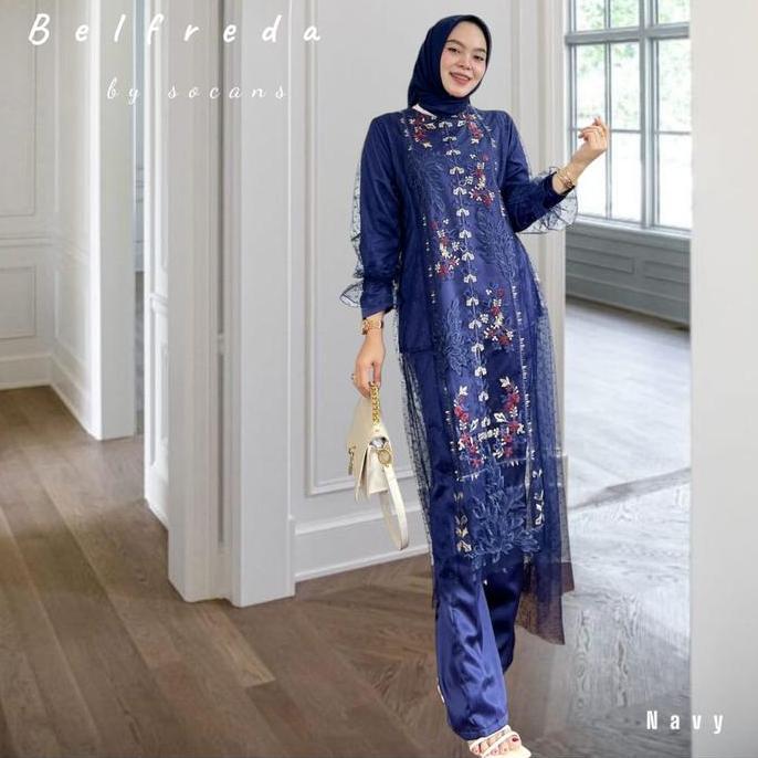 Wkwkwk- Belfreda Oneset Setelan Tunik Celana Brukat Utk Pesta Kondangan Hajatan Kajian Lebaran Atasa